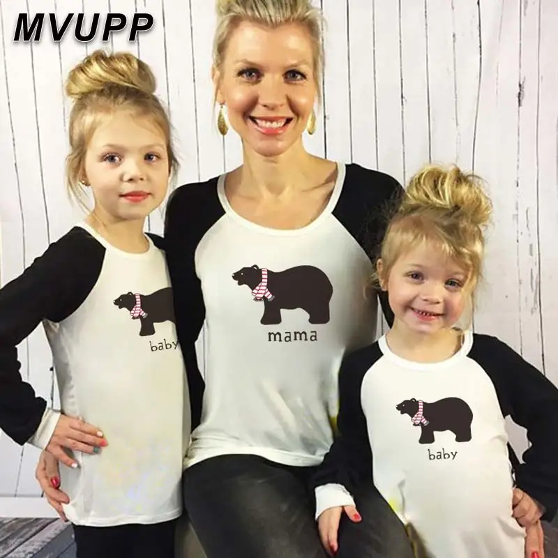 Забавная модная длинная футболка bear mama papa baby зимняя одежда для мамы дочки отца