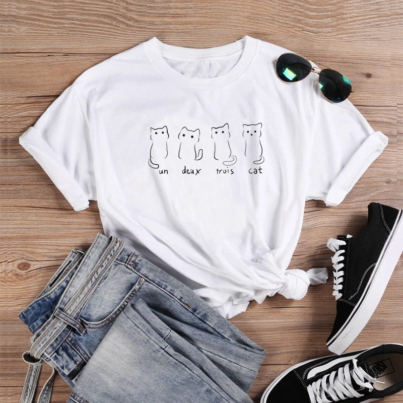 Kawaii cute Un Two Three Cat Футболка 100% хлопок смешная унисекс женщины Графический уличный