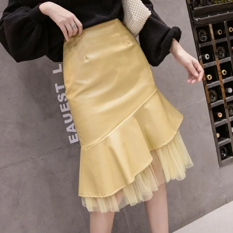 

Autumn Winter Woman New Black PU Faux Leather Skirt Female High Waist Pencil Skirts Lady Fashion Streetwear Slim Skirts A175