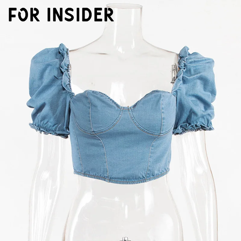 Винтажная короткая джинсовая Блуза с рукавами фонариками и рюшами женская синяя