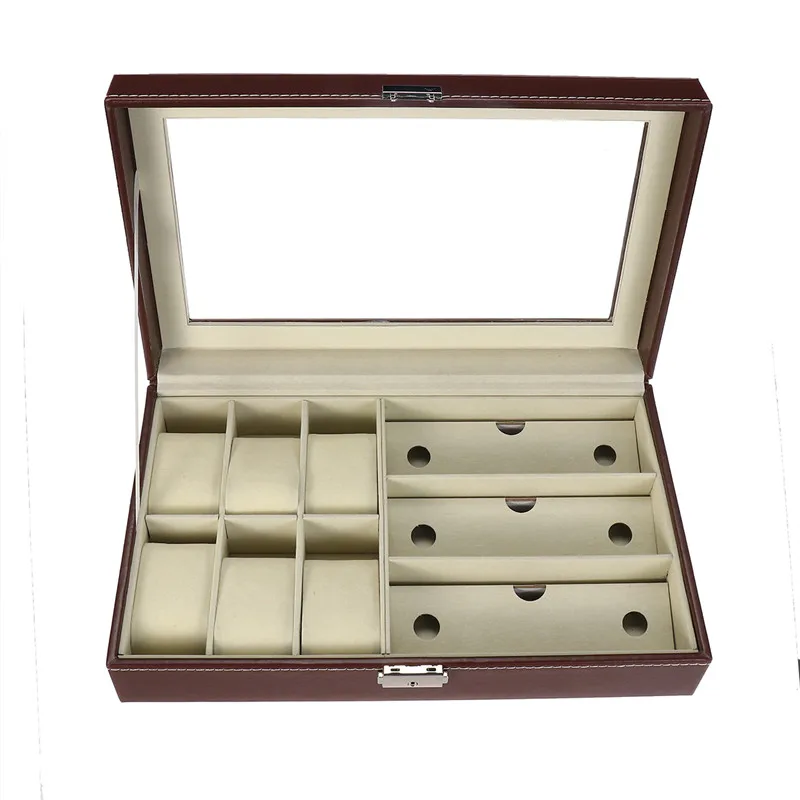 Новинка 9 ячеек коробка для часов кожаная стеклянная Чехол очков органайзер