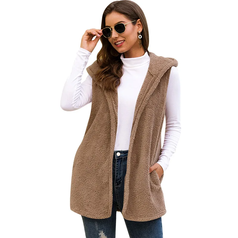 

Women Vest Mid Length Solid Color Hooded Plush Cardigan Coat for Women Autumn and Winter