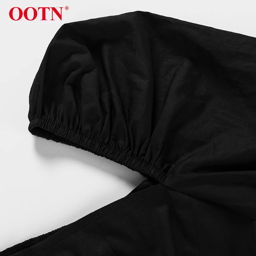OOTN однобортный сексуальный черный укороченный Топ для женщин, с рюшами, с пышными рукавами, с квадратным воротником, блузки, женские осенние повседневные рубашки с длинным рукавом