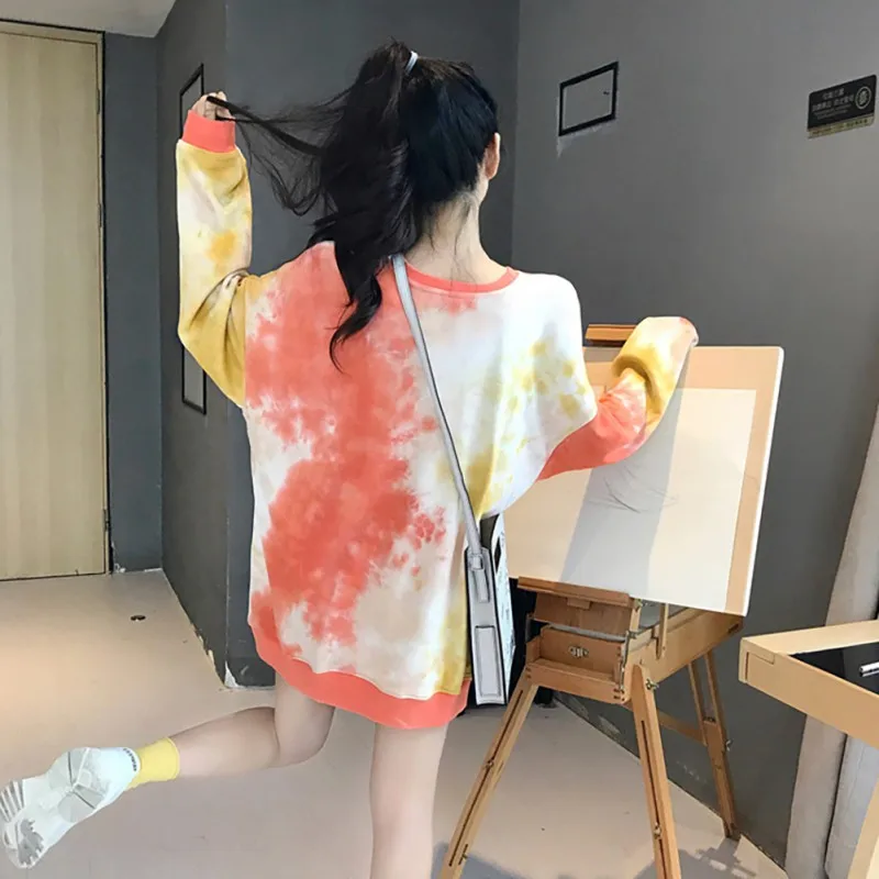 Краска для женщин толстовки свободные Crewneck Осень Корейская Толстовка Harajuku Повседневный пуловер бег kpop флис опрятный толстовки