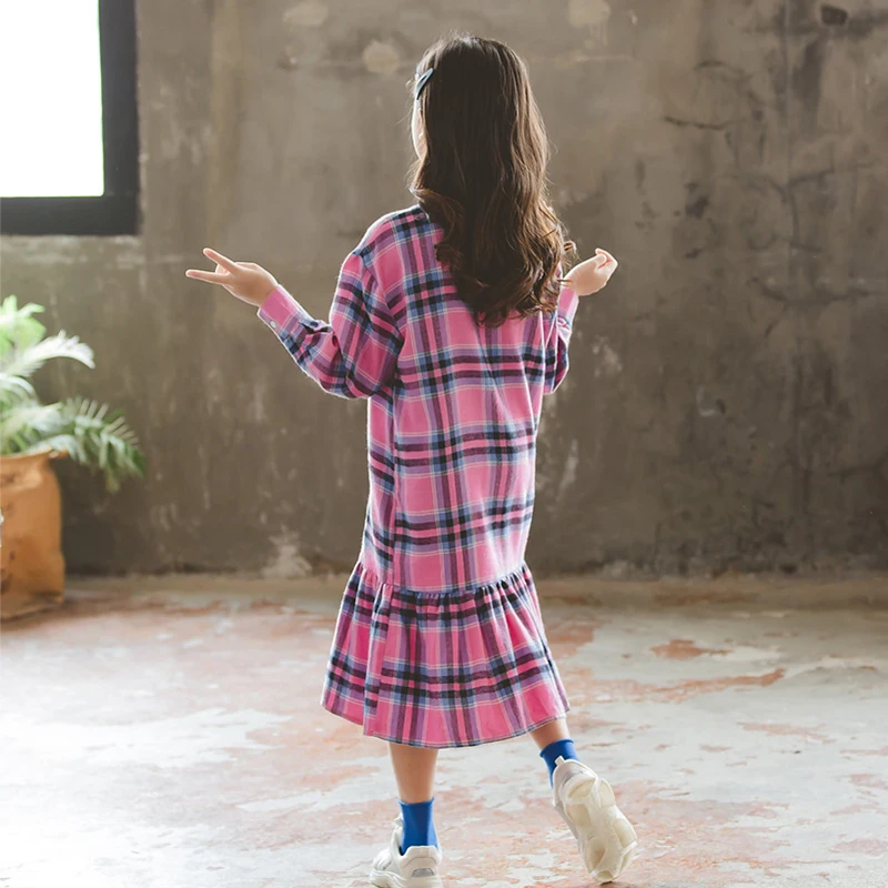 Платье для девочек от 10 до 12 лет фиолетовые длинные блузки в клетку платья