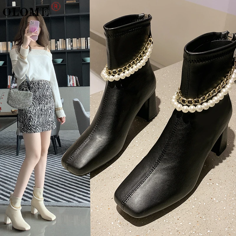 

OLOME- Square Head Women's Boots Fashion Pearl Ankle Boots Nude Color Qiexi Er 2021 Autumn and Winter Boots