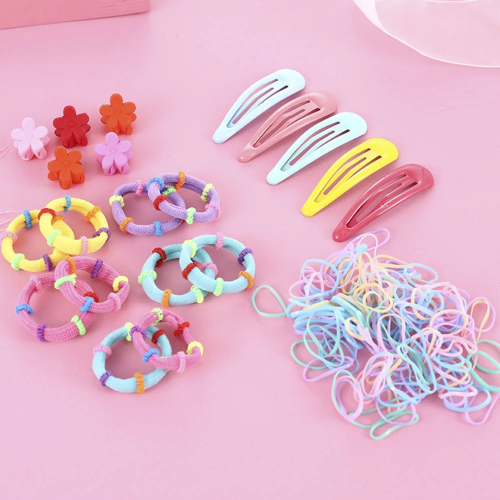 

220pcs Candy Color Solid Color Cute Girl Hairpin Korea Rope Hair Tie Ponytail Children's Hair Accessories Set Gift