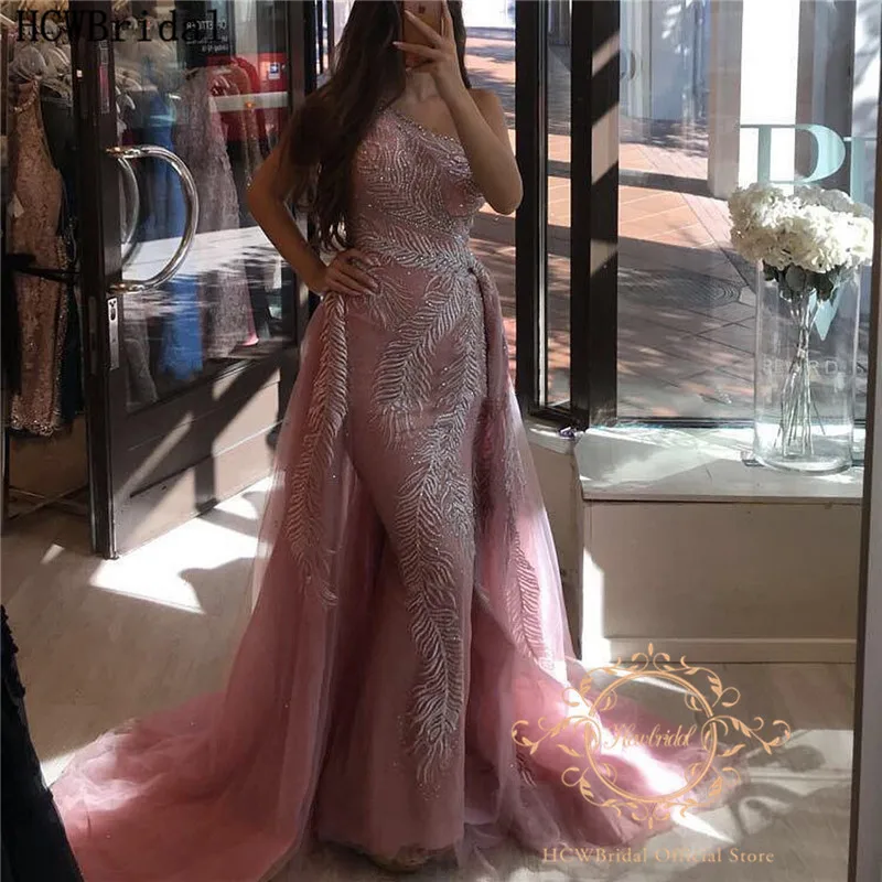 

Mermaid Evening Dress Dusty Rose One Shoulder Long Glitter Feathers Tulle Dubai Prom Gowns Customize Robe De Soiree New Design