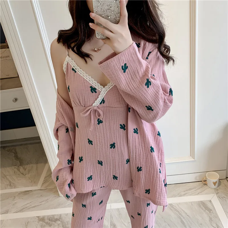 Pink Cactus Осенняя пижама из чистого хлопка Женская свежая 3 шт сладкие Спагетти ремень кардиганские брюки пижамы - Цвет: Pink Cactus