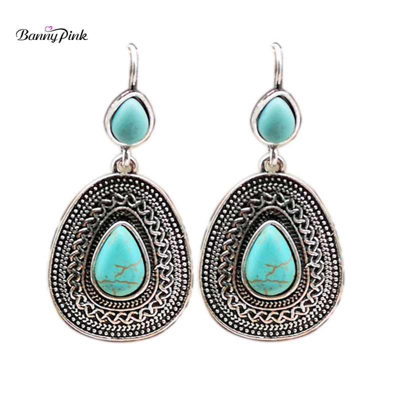 Banny Pink Bohemia Turquoises Earrings Vintage Stone Waterdrop Dangle Ethnic Indian Statement Drop Brincos | Украшения и