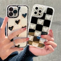 korea ins love heart black white grid phone case for iphone 13 12 11 pro xs max x xr 7 8 plus se 2020 soft silicone back cover
