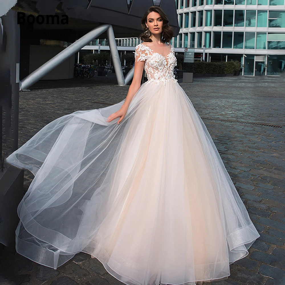 

Свадебные платья Booma кружево цвета шампанского с аппликацией, очаровательные тюлевые платья невесты с коротким рукавом, 2020, размера плюс, пл...