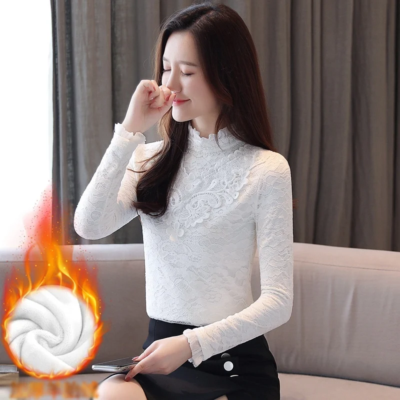 Women Blouse Shirt Plus Velvet Thick Lace Shirt Female Long Sleeve Slim Chiffon Blouse Fashion Women Blouses 2019