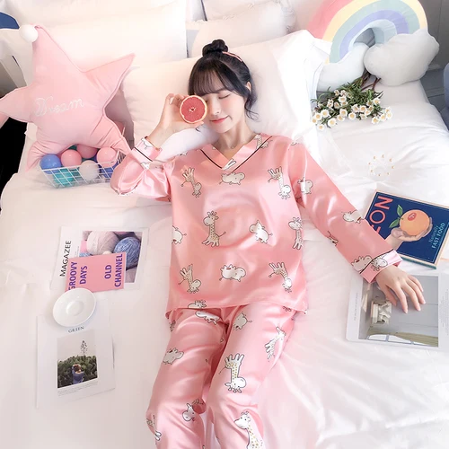 CQ 901 fen Осенняя Шелковая пижама с длинным рукавом для женщин pijama mujer, милый пижамный комплект с мультяшным принтом, домашняя одежда, длинные штаны, сексуальные пижамы - Цвет: CQ 901 fen