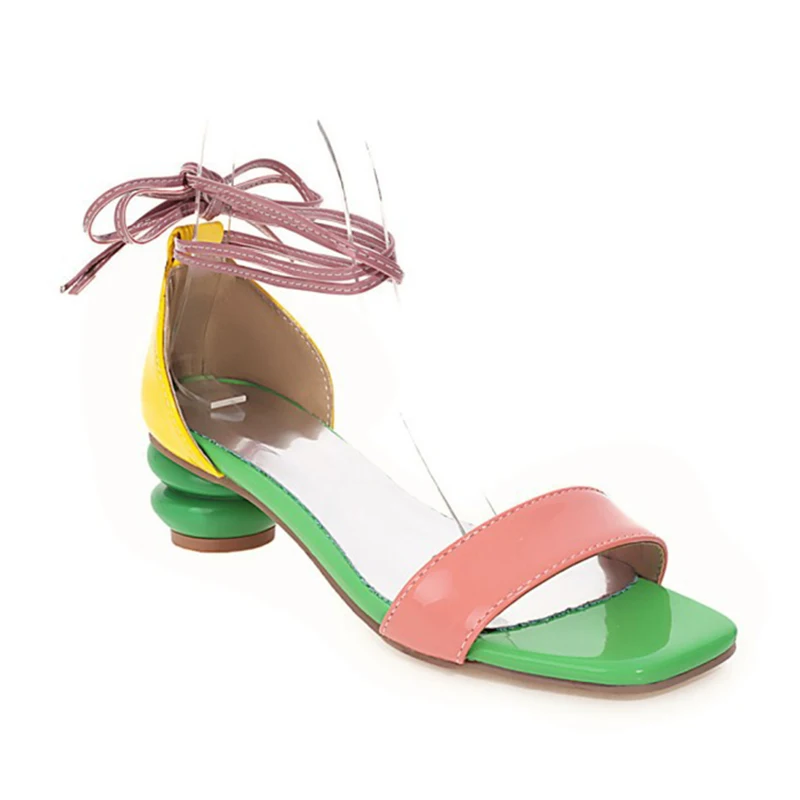 

Women's shoes summer Roman style color matching bag heel square toe sandals female ankle strap shoes size 34 - 43