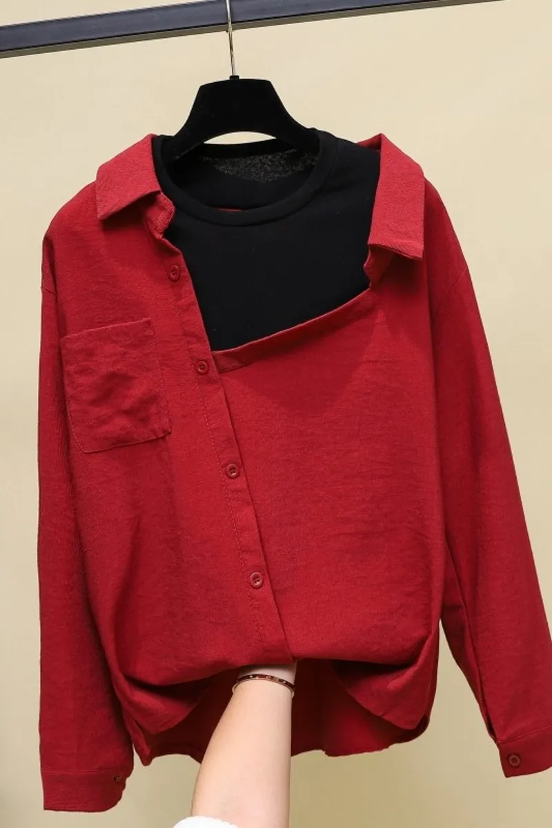 

2020 New Autumn Turn Down Collar Full Sleeve Female Blouses Single Bteasred with Pockets Solid Color Red Women Shirts and Top