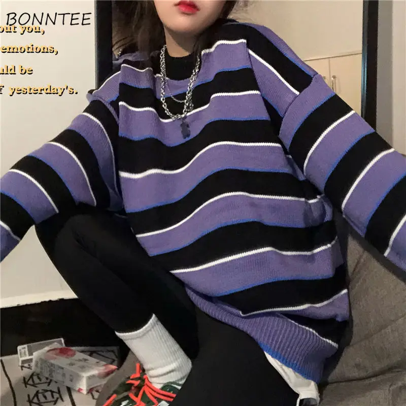 Pullovers Women O-neck Striped Oversize Trendy Harajuku Knitted Sweaters Students All-match Leisure Daily Streetwear Korean Tops | Женская