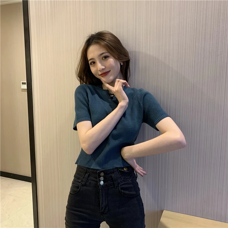 

Summer round Neck Knitwear Short Sleeve T-shirt Female 2021new Design Sense Niche Slim Fit with High-Waisted Trousers Top