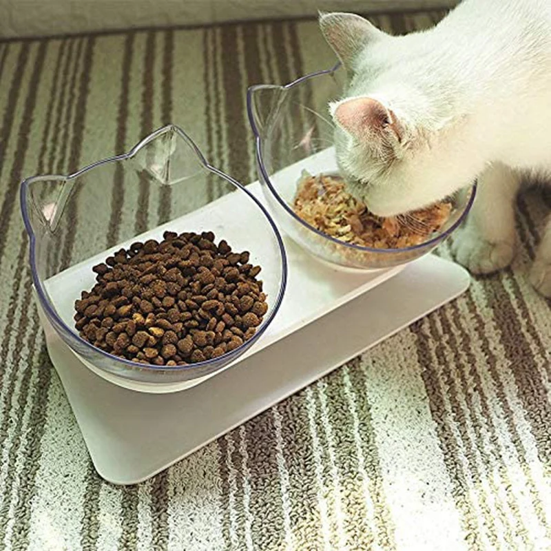 

Overhead Cat Bowl Transparent Non-Slip Splash-Proof Cat Bowl, Pet Bowl with 15 Degree Tilt Design (Double Bowl)