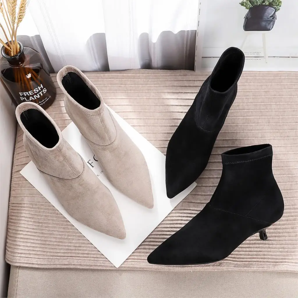 2019 ботильоны модные ботинки женская обувь черные туфли-лодочки из флока на
