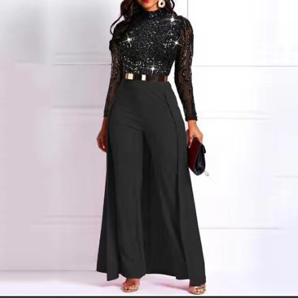 Black Jumpsuits Sequined for Women 2022 Fashion Full Sleeve High Waist Elegant Evening Night Party Dinner Rompers & Jumpsuits