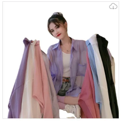 

Retro Hong Kong Style Chiffon Long Sleeve Sunscreen Women's Summer New Loose Thin Simple Shirt Thin Top