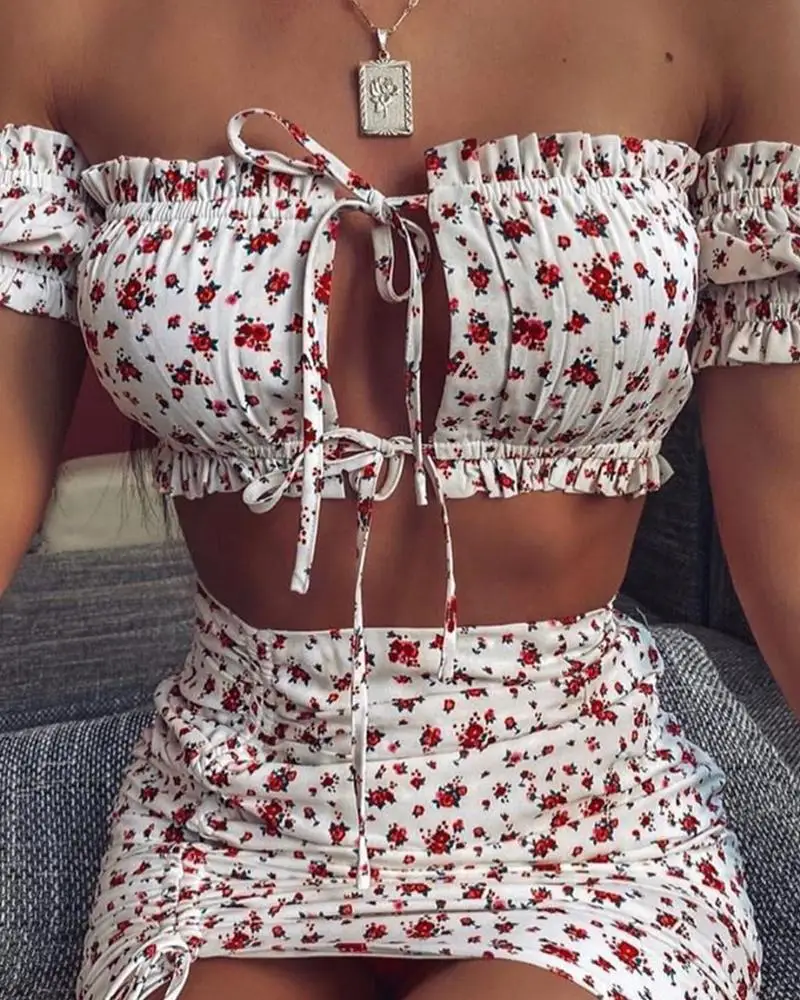 Летний цветочный галстук Короткие топы с вырезом спереди и юбки Женский