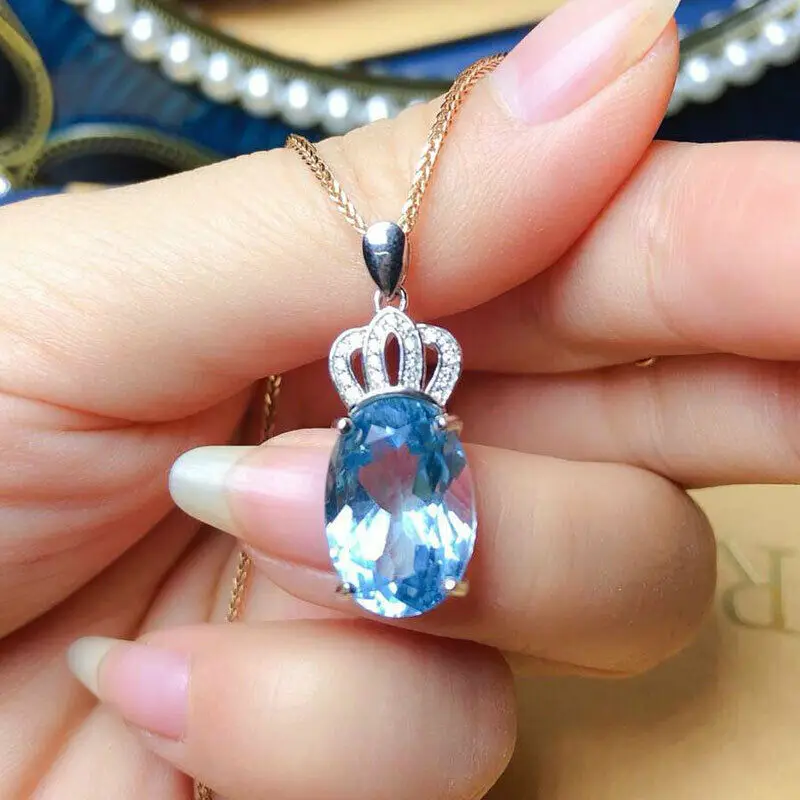 

New Design Oval Sky Blue CZ Crown Pendent Necklaces Women Two Tone Chain Anniversary Gift Lover Fashion Versatile Jewelry