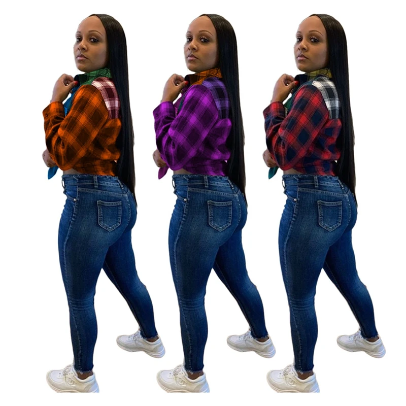 

Sexy Plus Size Plaid Shirts for Women Fashion Color Block Spliced Elegant Blouse Long Sleeve Button Up Tops Camisas Mujer 4XL