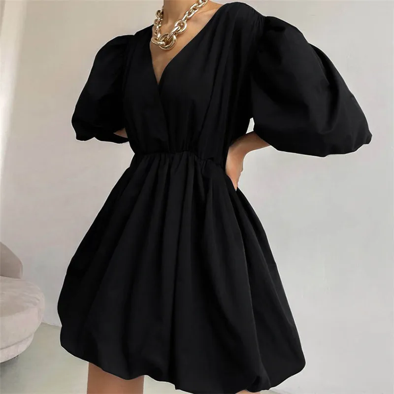 

Vintage A-linedress 2021 Summer cute puff sleeve v-neck swing short dress robe femme chic Solid white black pink dresses