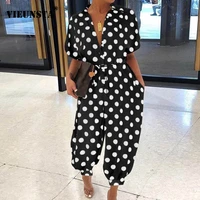 women retro leopard print button jumpsuit summer v neck short sleeve playsuit elegant office lady rompers beach overalls pockets