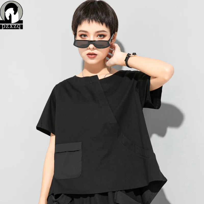 

Футболка женская с круглым вырезом, асимметричная Свободная рубашка с ласточкиным хвостом, черный топ, лето 2021