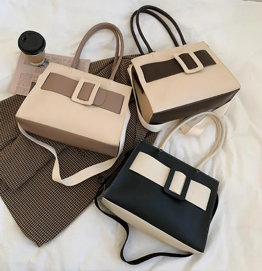 

Contrast color Large Tote bag 2021 New High-quality PU Leather Women's Designer Handbag High capacity Shoulder Messenger Bag
