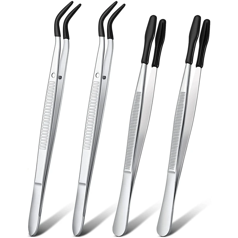 

2Pcs Elbow and 2Pcs Flat Tip Tweezers Coated Laboratory Hobby Jewelry Craft Tools Stainless Steel Tweezers
