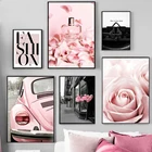 Розовый Vogue Пион Роза парфюм винтажный автомобиль скандинавский стиль модный настенный художественный холст живопись плакаты и принты Декор для гостиной