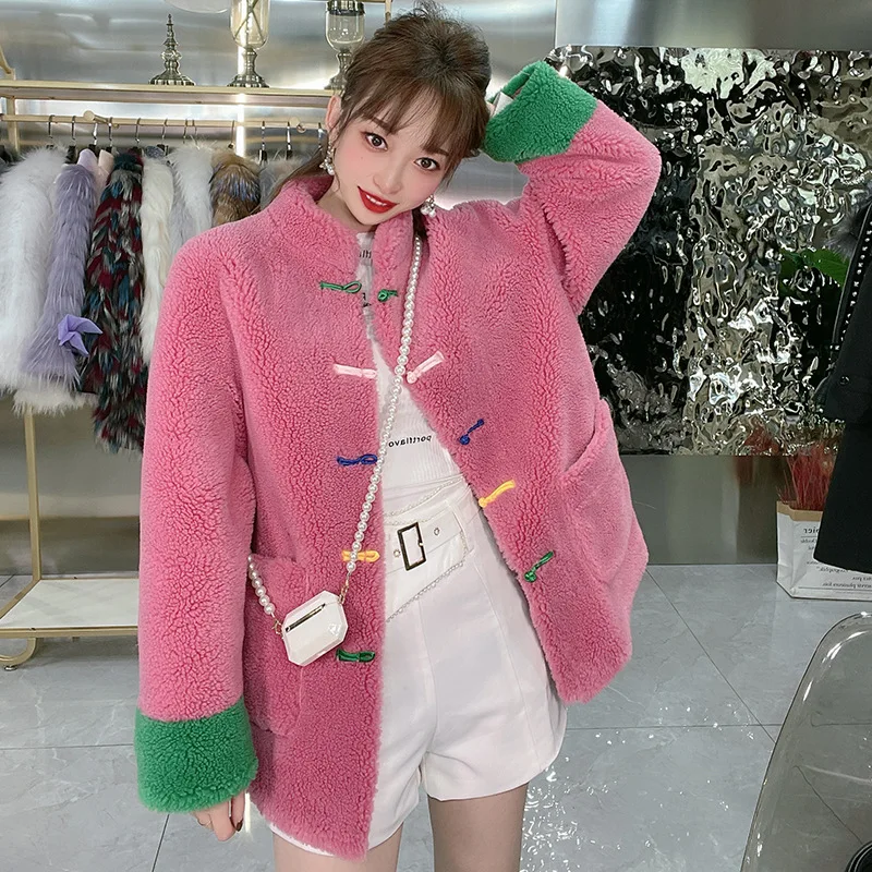 Winter Chinese Style Women's High Quality Pink Color Wool Fur Leather Coat C710
