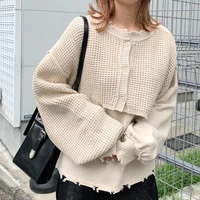 autumn women knit sweater long lantern blouse fake two piece lady fashion knit tops winter solid o neck casual apricot pullover