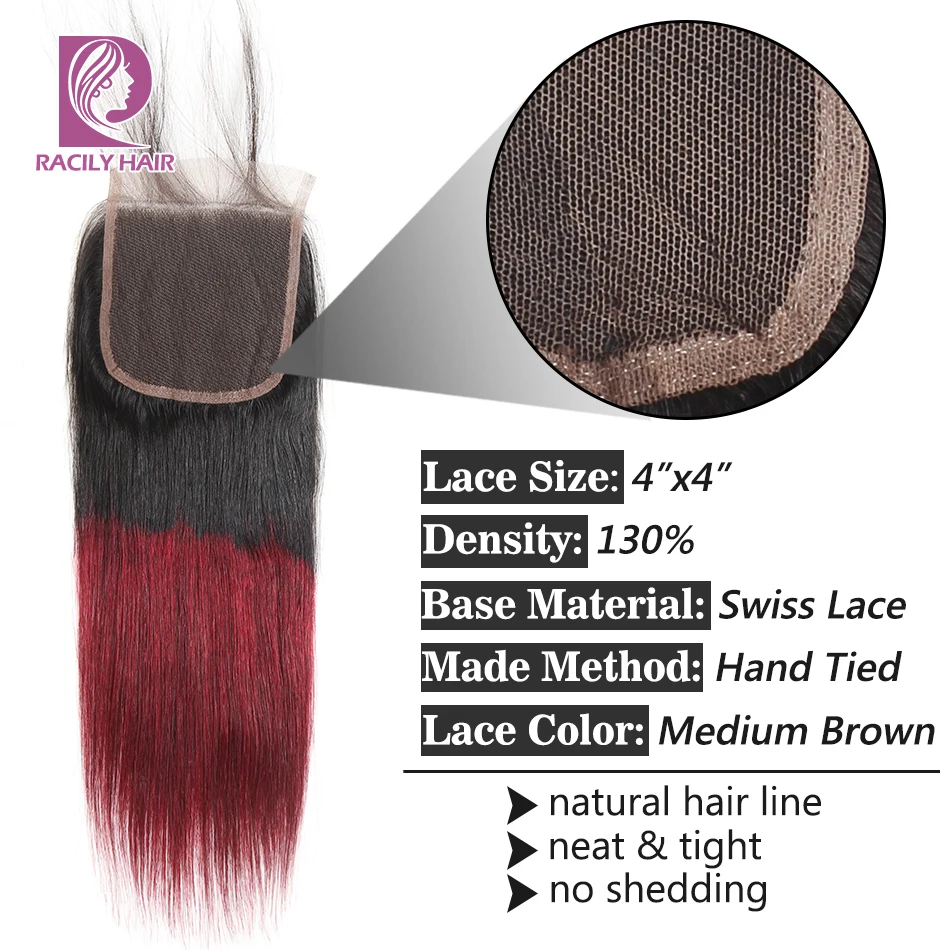 Racily волосы T1B/бордовый бразильские прямые Remy человеческие 3/4 пучки с кружевной