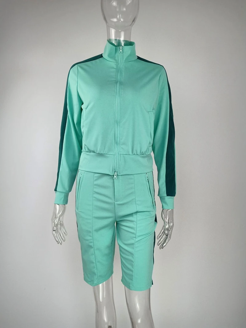 

STYLISH Lady Side Striped 2 Piece Set Women Long Sleeve Zipper Jacket and Shorts Set 2021 Summer Casual Fitness Tracksuits