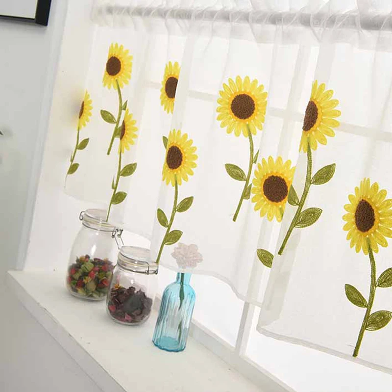 Занавеска с вышивкой маргаритки для дома кухни окна полупрозрачная панель
