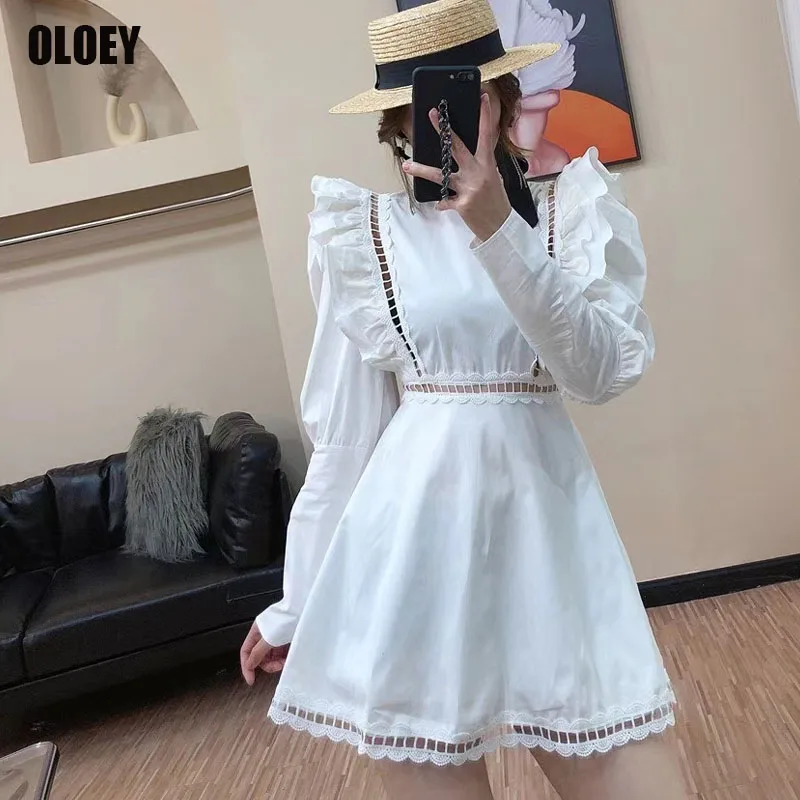 

Female One-Piece Lace Hollow Stitching High Waist With Wood Ears Women'S Dress Summer 2021 French Dress Niche A-Line Short Dress