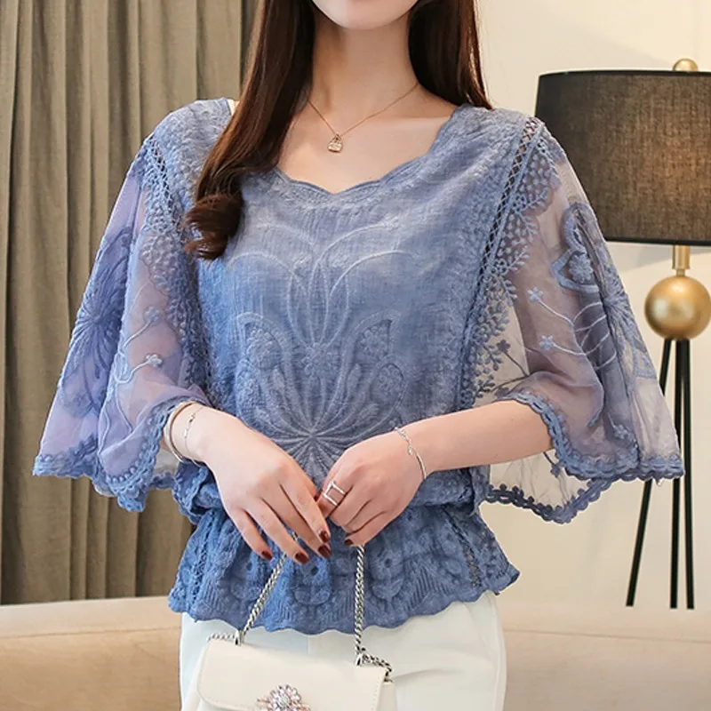 

Cheio de Borda Do Blusas Camisa Da Borboleta Flor Mulheres Meia Manga Da Camisa Moda