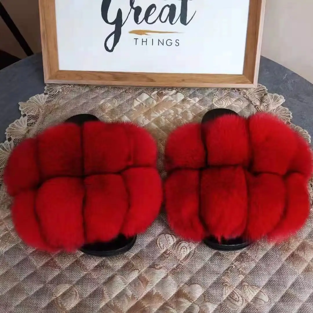 

P 2021 Pom Pom Fur Slippers Women Fluffy Sliders Furry Sandals Real Rabbit Fur Slippers Fox Fur Slides Multicolor Customize