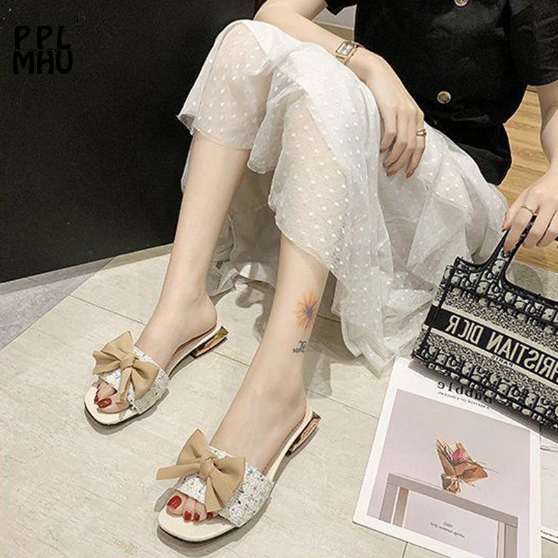 

Женские туфли с бантом-бабочкой, открытый носок, Нескользящие, низкий каблук, сланцы, дизайнерская офисная обувь, корейский стиль