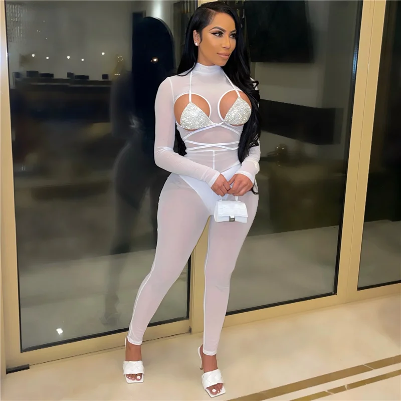 

Solid Sexy Jumpsuits Hollow Out Rompers And Jumpsuit For Women Flash chip Bra Mesh Long Sleeve Lace Up Jumpsuit