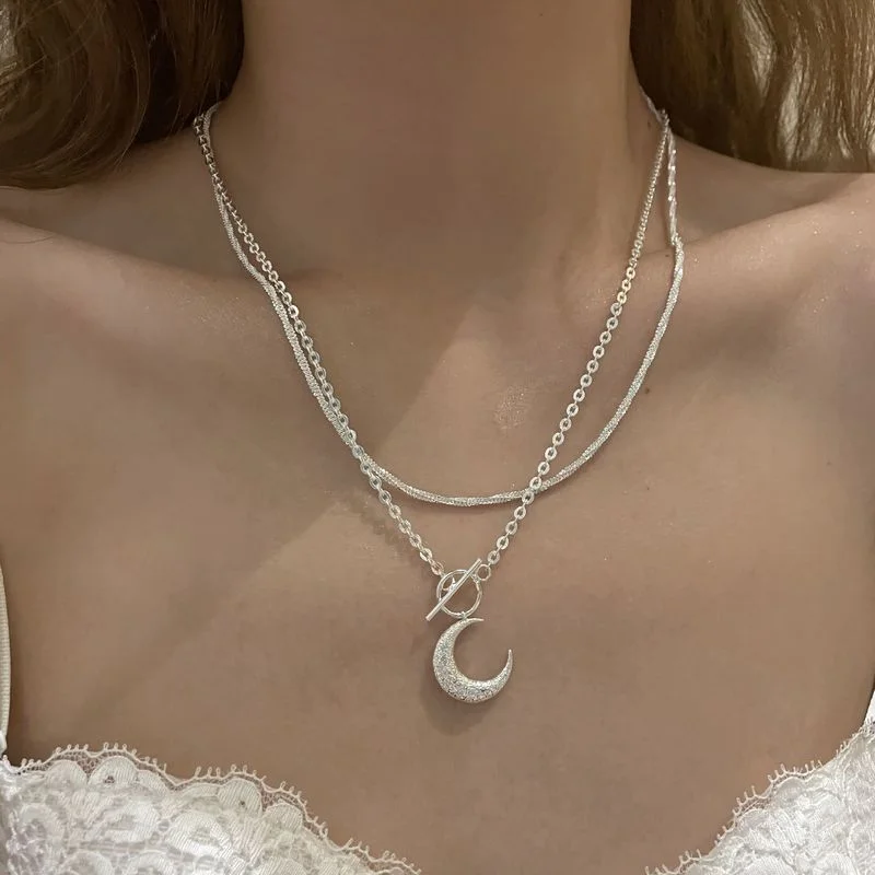 

Origin Summer Fairy Double-Layer Moon Pendant Necklace for Women Girls Silver Color Toggle Clasp Metallic Necklace Jewelry
