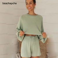 beachapche rib knitted 2 piece short sets for women tracksuit lantern sleeve top jogging outfits 2020 pink loungewear matching