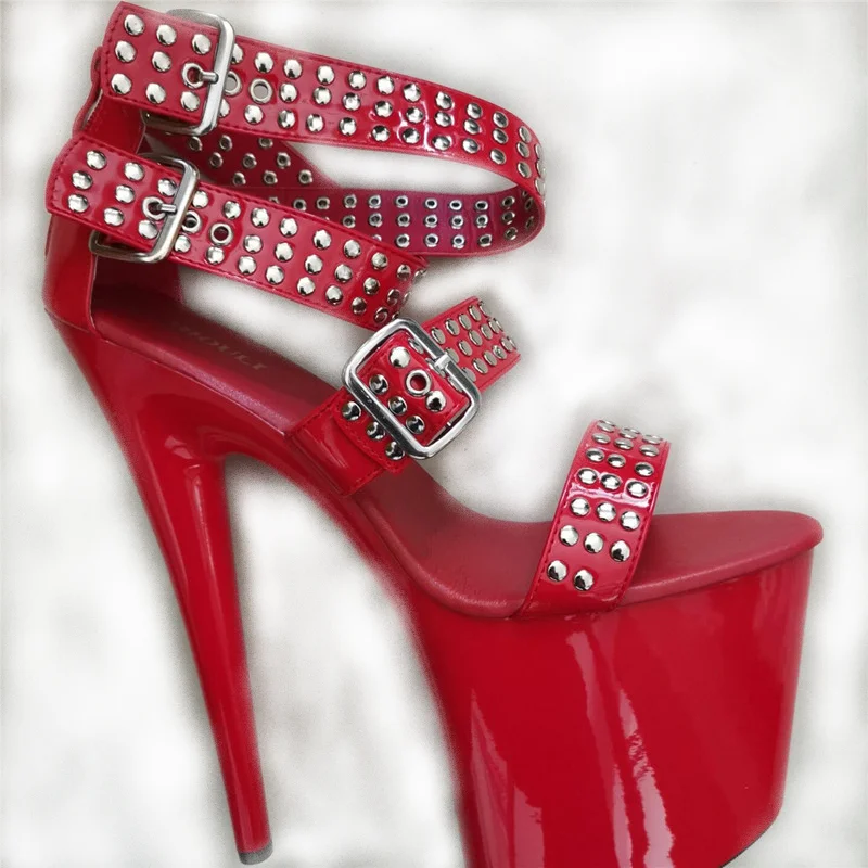 20 cm high heels, sexy lacquered rivet sandals with buckles, 8 inch banquet model nightclub dancing shoes