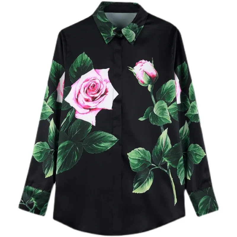 

LUKAXSIKAX 2021 New Spring Autumn Women Long Sleeve Loose Blouse High Quality Fashion Flowers Print Silk Shirt Women Top