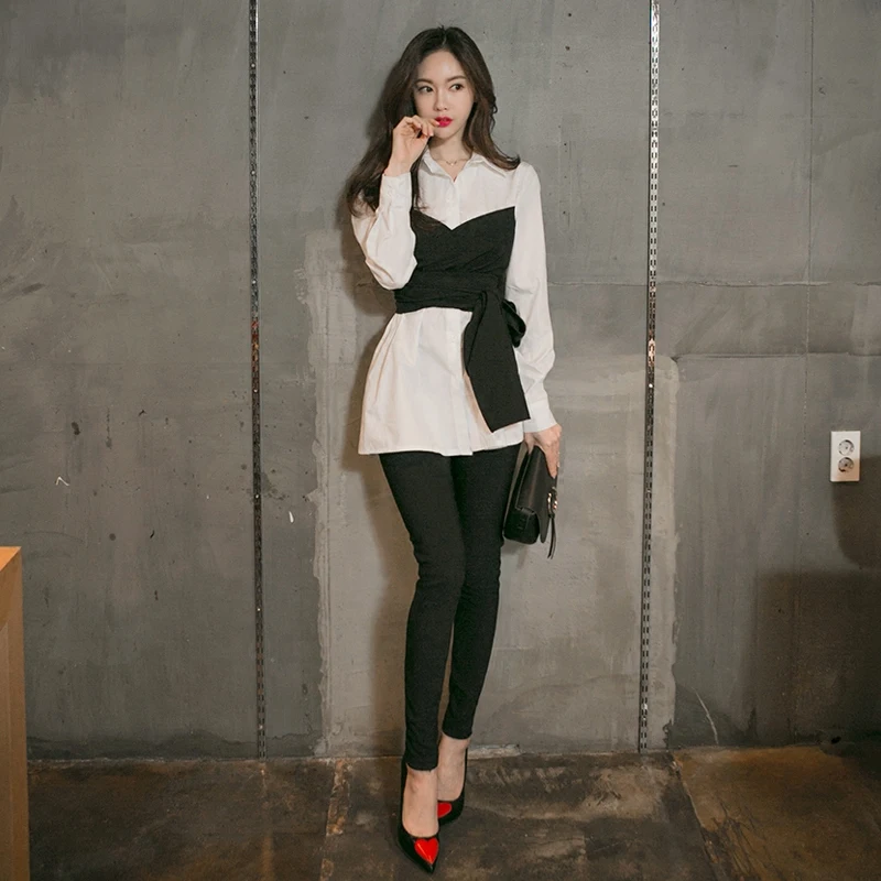 

SuperAen 2021 Spring New Color Contrast Patchwork Fake Two Piece Suit Slim Lace Up All Match Turn Down Collar Shirt Women Tops